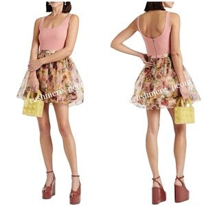 ALICE + OLIVIA‎ Chara Stretch Mesh-Paneled Floral Print Silk Organza Mini Size 4